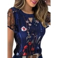 thumbnail image 1 of Gzhioc Woman Mesh Embroidery Top Round Neck Short Falbala Sleeve T shirt, 1 of 3