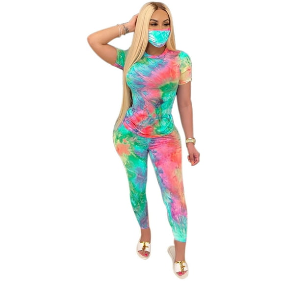 Gzhioc Women 2 Piece Tracksuit Set, Short Sleeve Tie Dye Tops High Waist Pants Bodycon Yoga Sports Summer Outfits