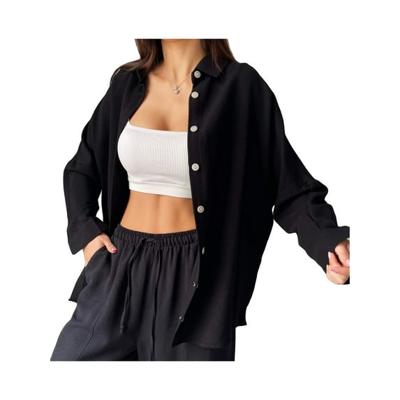 Gzhioc Women 2Pcs Solid Color Outfits, Long Sleeve Lapels Single Breasted Shirt Tops Elastic Waist Harem Pants,S/M/L