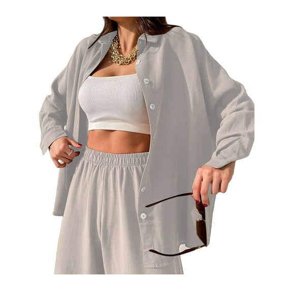 Gzhioc Women 2Pcs Solid Color Outfits, Long Sleeve Lapels Single Breasted Shirt Tops Elastic Waist Harem Pants,S/M/L