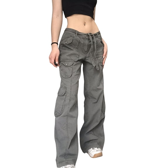 Gzhioc Women Autumn Cargo Pants, Solid Color Low-Waist Loose Fit Casual Trousers with Multi-Pockets for Girls (S/M/L)