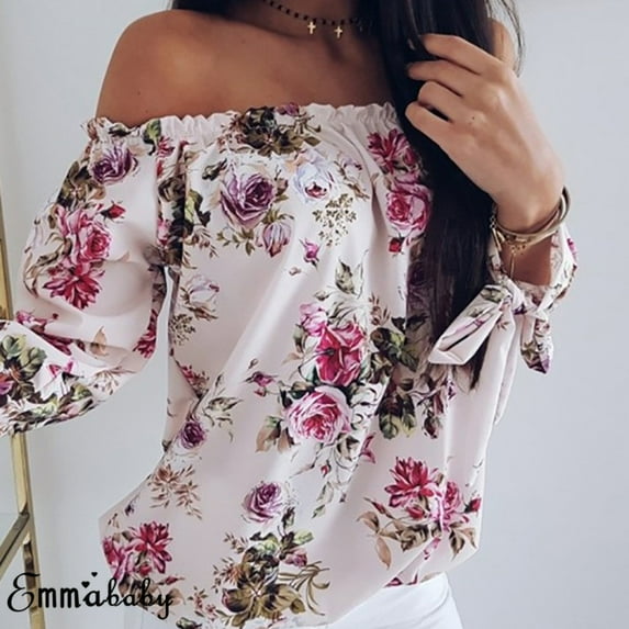 Gzhioc Women Blouse Off-the-Shoulder Elegant Floral Print Shirt Long Sleeve Loose Ladies Clothing,S/M/L/XL