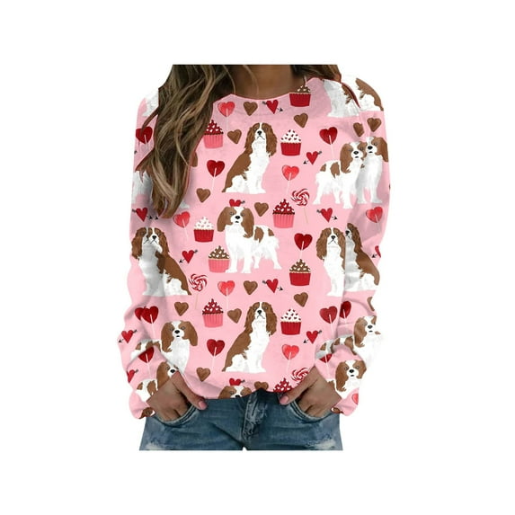 Gzhioc Women Casual T-shirt, Long Sleeve Crew Neck Printed Loose Fall Casual Valentine’s Day Tops