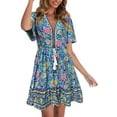 thumbnail image 1 of Gzhioc Women Floral Dress, Short Sleeve V Neck High Waist Drawstring Slimming Casual Party Party Short Midi, 1 of 9