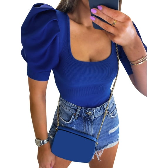 Gzhioc Women Knitting Tops, Short Puff Sleeve Deep Neck Solid Color Street Party Summer Wrapped Shirt,S/M/L