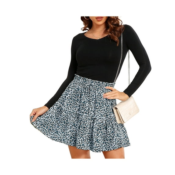Gzhioc Women Mini A-line Skirt Floral/Leopard Print Drawstring Elastic High Waist Short Skirt Summer Fashion Casual Wild Skirt