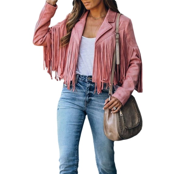 Gzhioc Women Short Fringed Jacket 90s Vintage Lapel Open Front Suede Leather Crop Tassel Tops Outwear