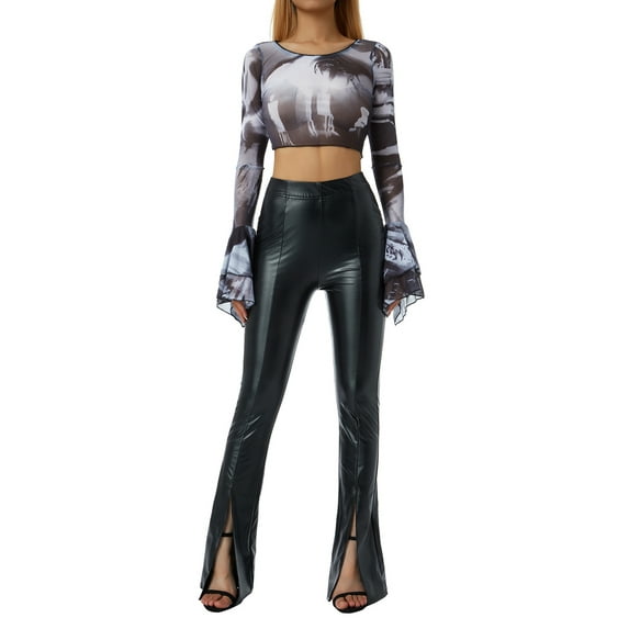 Gzhioc Women Short Top Shirt, Long Flared Sleeve Printed Ruffle Crew Neck Sheer Crop Tops, Ladies Spring/fall/Winter Slim Navel Shirt,S/M/L