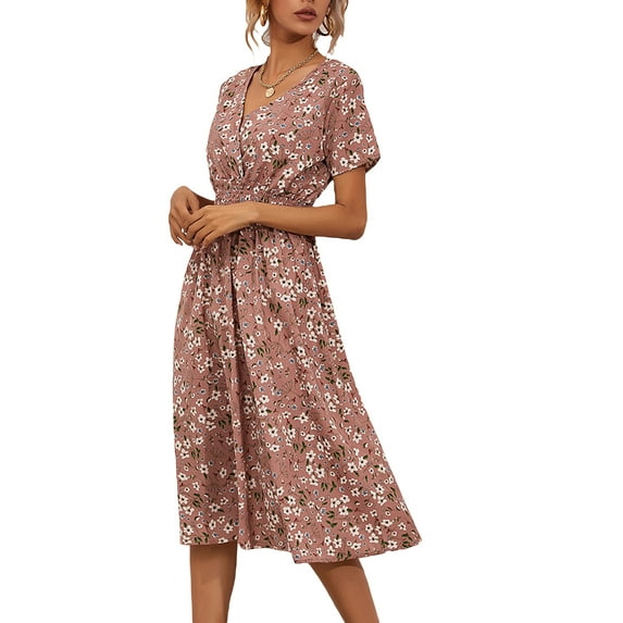 Gzhioc Women Summer Dress, Floral Print V-Neck Short Sleeves Slim-Waist Casual Skirt for Ladies, 9 Colors