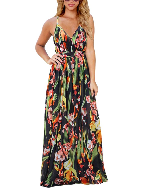 Gzhioc Women Summer Slip Dress, Bohemian Floral Spaghetti Strap Backless Full-Length Brace Skirt for Girls, 6 Colors