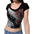 thumbnail image 1 of Gzhioc Women's Casual Simple Short Sleeve Short T-Shirt, Flower Wing Printed Round Neck Street Style Tee Shirt, 1 of 9
