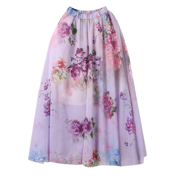 Gzhioc Women' s Chiffon Boho Skirt Sexy Floral Long Skirt High Waist Flared Pleated Beach Skirt
