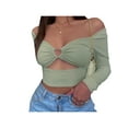 thumbnail image 1 of Gzhioc Women's Crop Tops, Solid Color Hollow-Out V-neck Long Sleeve Tops for Party Dating,Green/Black,S/M/L, 1 of 8