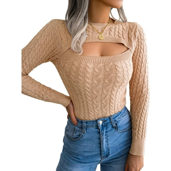 Gzhioc Women's Cutout Knit Tops, Fashion Long Sleeve Cable Knit Round Neck Slim Fit Sweaters,S/M/L