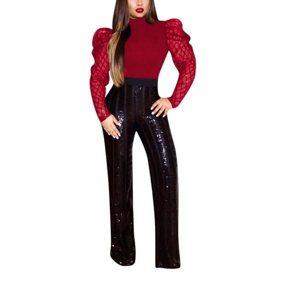 Gzhioc Women's Elegant Sequin Mesh Sheer Puff Long Sleeve Mock Neck Slim Fit Party Blouse Shirt Top ,S-XXL
