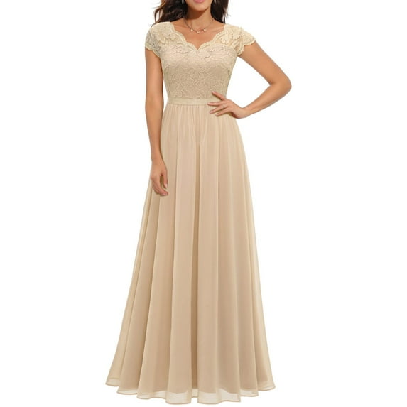 Gzhioc Women's Long Evening Dress, Solid Color Lace Patchwork Backless V Neck Elegant Dress, S/M/L/XL