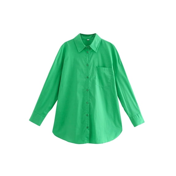 Gzhioc Women's Long Sleeve Shirt, Solid Color Turn-Down Collar Button-Down Loose Fit Blouse