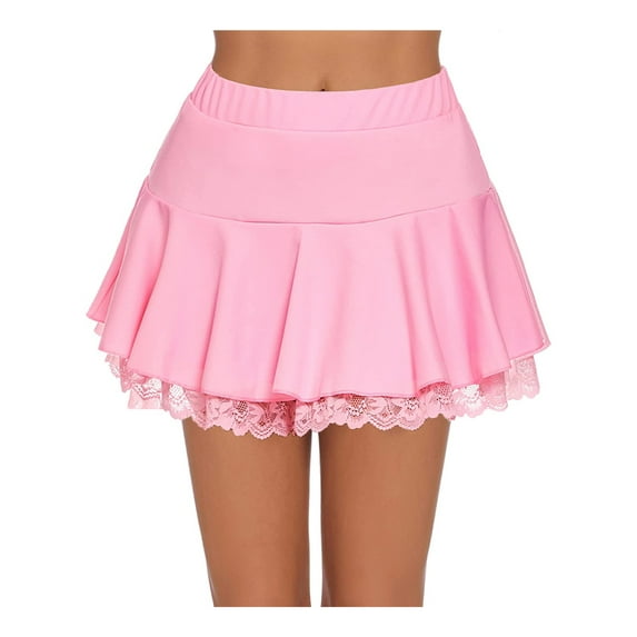 Gzhioc Women's Pleated Mini Skirt, A-shaped Flared Outline Lace Ruffles Elastic Waistband Short Skirt