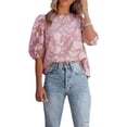 thumbnail image 1 of Gzhioc Women's Summer Casual T-shirt Tops Half Puff Sleeve Round Neck Loose Floral Blouse,S-2XL, 1 of 6