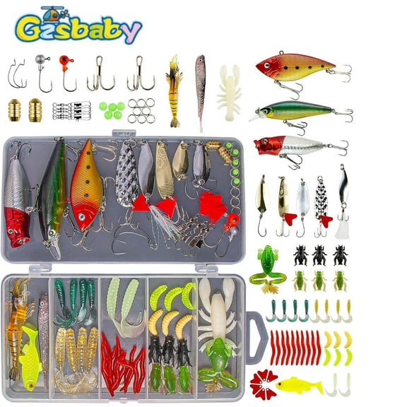 Gzsbaby Fishing Lures Kit for Freshwater Bait Tackle Kit for Bass Trout Salmon Fishing Accessories Tackle Box Including Spoon Lures Soft Plastic Worms Gifts for Men