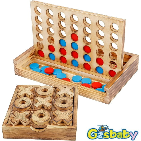 Gzsbaby Tic Tac Toe & 4 in a Row Tables Game Set, Classic Board Line Up 4 for Living Room Rustic Table Decor and Use as Game Top Wood Guest Room Decor Strategy Board Games for Families