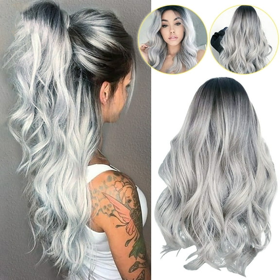 Gzwccvsn Large Wave Wig Women's Long Curly Hair Black Greys Gradually Changing Chemical Fiber Long Hair wigs human hair