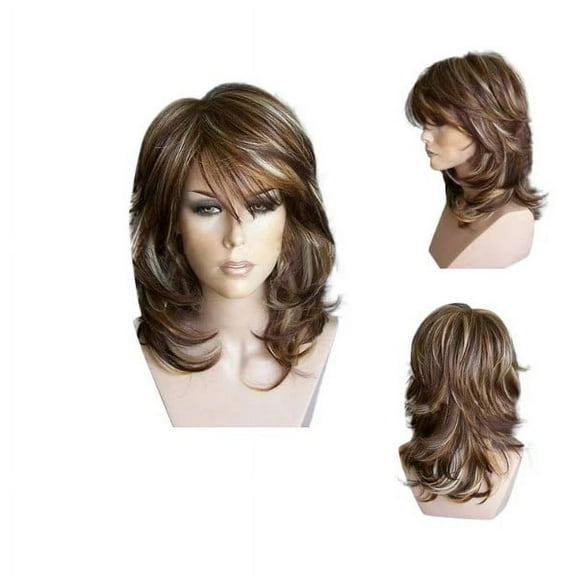 Gzwccvsn Medium Side Highlighted Layered Slightly Curled Synthetic Wig wigs human hair