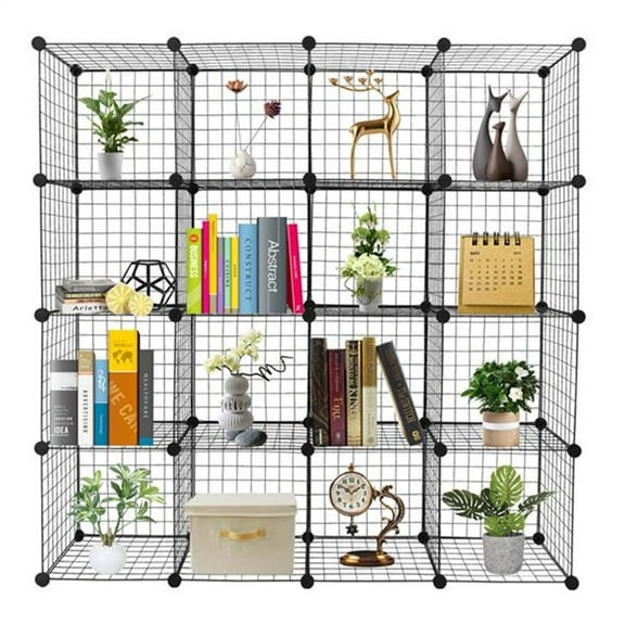 Gzxs 16 Cube Shelves Storage Shelf Metal Grid Multifunction Shelving Unit for Kitchen, Office, Living Room, Black
