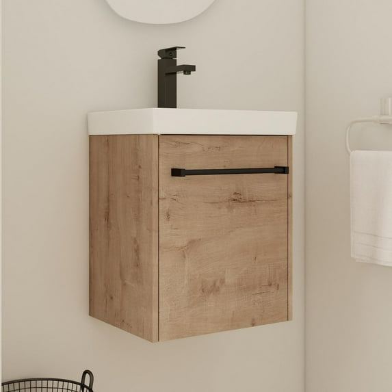 Gzxs 18 Inch Floating Bathroom Vanity with White Ceramic Sink, Wall Mounted Vanity Set with Single Soft-Close Doors & Metal Handle, Imitative Oak (Faucet Not Included)