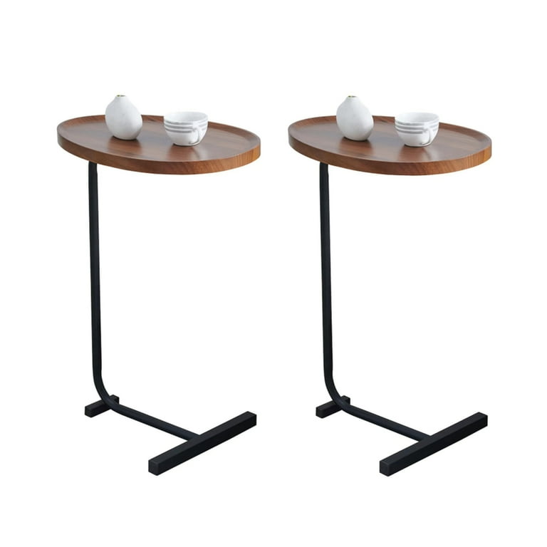 2 Pieces C Shaped Side Table Small Sofa Table Brown