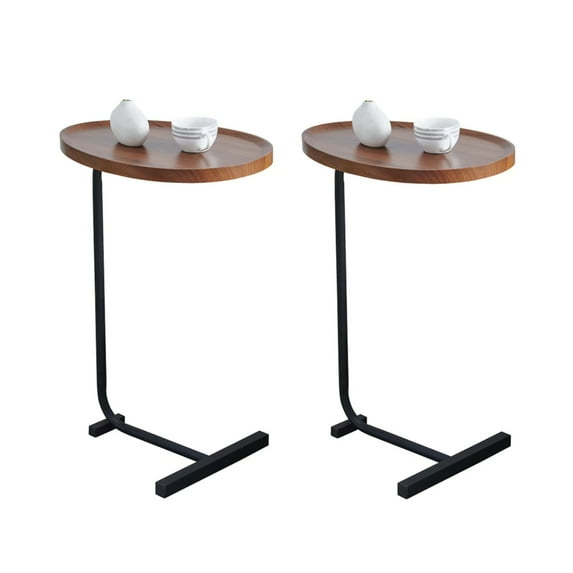 Gzxs 2-Pieces Irregular Round Side Table,Small End Table for Sofa and Bed,Small Spaces Side Tables with Metal Frame for Living Room, Bedroom,Easy Assembly C Shaped Bedside Table, Brown and Black