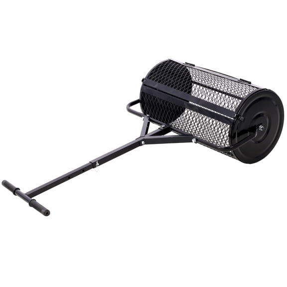 Gzxs 24" Wide Compost Spreader w/ Height Adjustable Handle, Lawn and Garden Peat Moss Roller with Latches, Robust Steel Mesh Basket for Spreading Manure, Topsoil, Black
