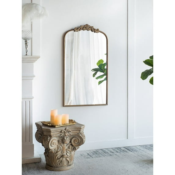 Gzxs 24" x 42" Vintage Antique Gold Mirror - Ornate Arch Metal Baroque French Wall Mirror for Home Decor - Great for Living Room or Bedroom
