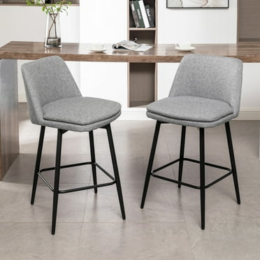 Gzxs 25.6 Inch Bar Stools Set of 2, Linen Upholstered Swivel Bar Chairs with Backrest, Modern Counter Height Bar Stools with Metal Legs for Kitchen Island, Light Gray