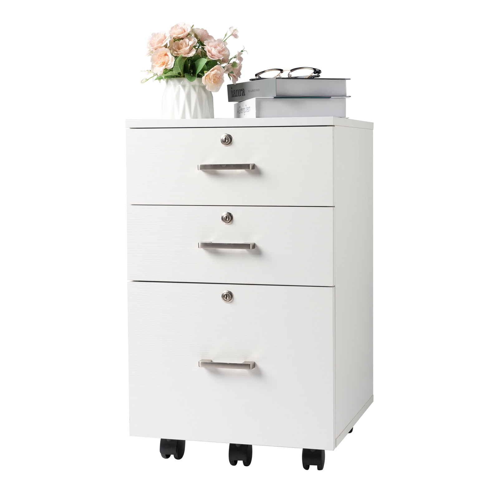Gzxs 3 Drawer Mobile File with Lock, Wooden Under Desk Corner