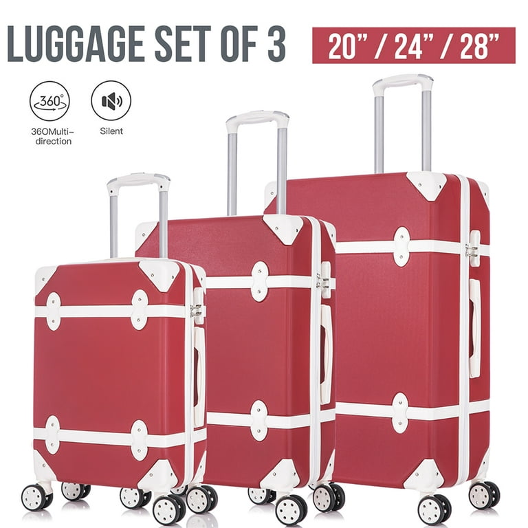 Gzxs 3 Pieces Luxury Luggage Sets Red Retro Vintage Suitcase Travel Trunk  Luggage with Spinner Wheels for Men and Women (20 / 24 / 28)