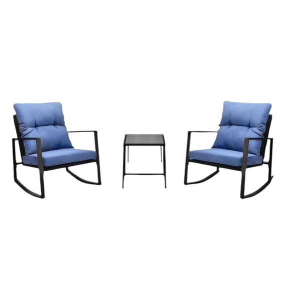 Gzxs 3 Pieces Patio Set, Modern Wicker Conversation Sets with Square Coffee Table, 2 Rattan Rocking Chairs with Blue Cushions for Outdoor, Yard and Bistro (Black)