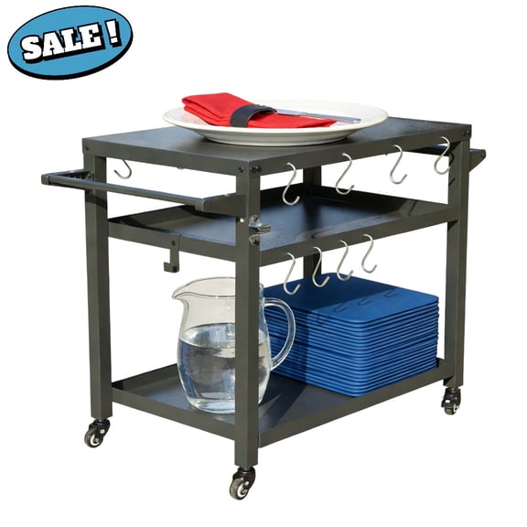 Gzxs 3-Shelf Outdoor Grill Table, Metal Grill Cart with 4 Rolling Casters, Outside Pizza Oven Stand Table, Movable Cooking Station with Paper Towel Holder, Propane Tank Hook and 8 Side Hooks, Gray