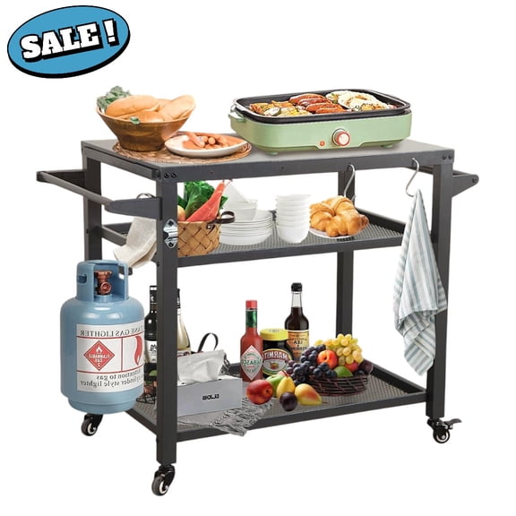 Gzxs 3-Tier Grill Cart Table with Mesh Shelf, Movable Outdoor Dining Cart Pizza Oven Stand with Propane Tank Hook and 8 Side Hooks, Kitchen Cart Island Multifunction Food Prep Table (Gray)