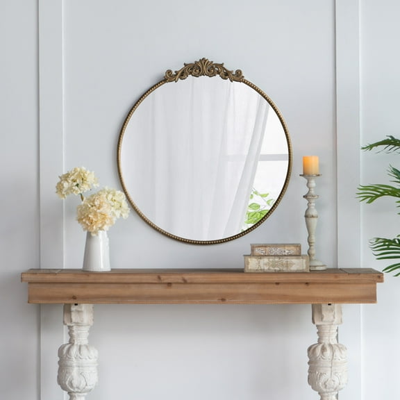 Gzxs 30" Round Vintage Antique Gold Mirror - Ornate French Victorian Wall Mirror - Baroque Style Circle Mirror for Vanity, Bathroom or Bedroom