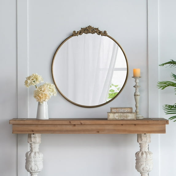 Gzxs 30" Round Vintage Antique Gold Mirror - Ornate French Victorian Wall Mirror - Baroque Style Circle Mirror for Vanity, Bathroom or Bedroom