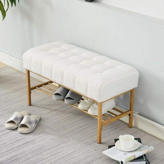 Gzxs 32 Inch Upholstered Storage Bench with Storage Shelf and Metal Legs, Modern Teddy Fabric End of Bed Ottoman for Bedroom Living Room, White