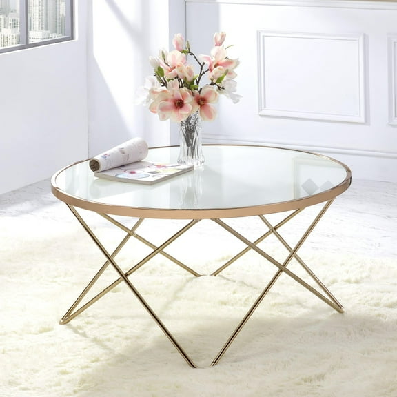 Gzxs 34" Round Glass Coffee Table, Circle Center Table with Frosted Glass Top and Champagne Finish Metal Legs, for Living Room, Office & Apartment