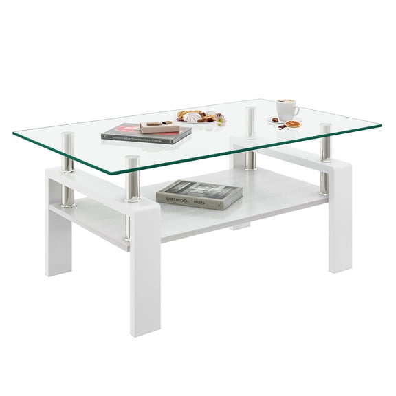 Gzxs 39.2 Inch Rectangle Coffee Tables, 2-Tier Glass Top Coffee Table with Storage Shelf, Modern Minimalist Center Table for Living Room Small Space (Clear and White)