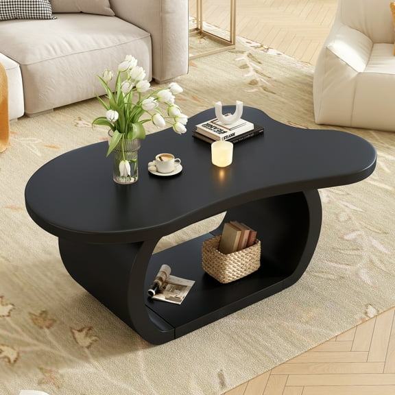 Gzxs 39.3" Cloud-Shaped Coffee Table with Storage Shelf - Irregular Modern Accent Table with Thick Top and Rounded Edges, 2-Tier Design for Living Room or Apartment (Black)