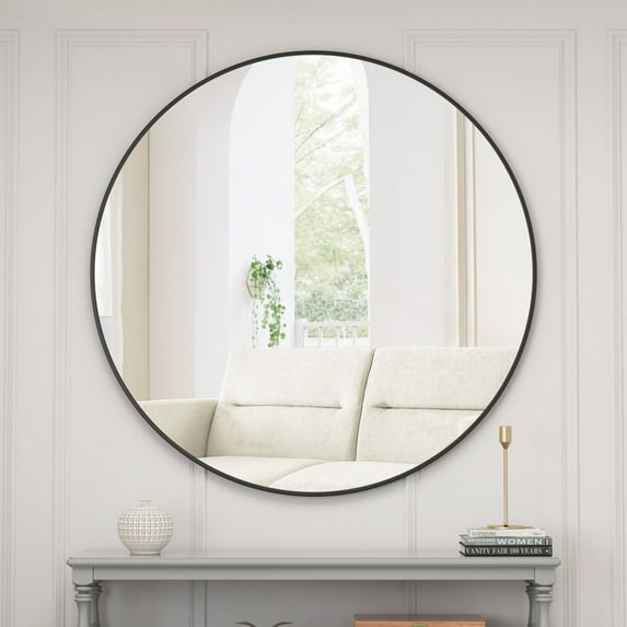 Gzxs Black Circle Mirror for Wall, Large Round Mirror for Bathroom, Entryway, Bedroom, & Living Room. Metal Hanging Circle Mirror for Vanity (39", Black)
