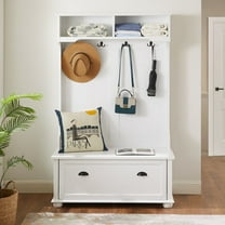 Gzxs 4 in 1 Multifunctional Hall Tree with Storage Bench, Entryway Hall Tree with Coat Rack with Flip Shoe Storage Organizer,4 Hanging Hooks and Open Shelf for Entryway,Hallway, White