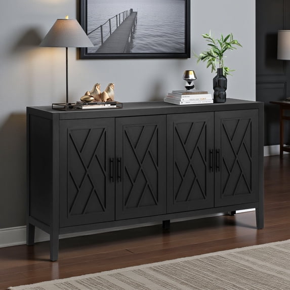 Gzxs 4-Door Wood Sideboard with Adjustable Shelf, 59.8" Modern Farmhouse Storage Cabinet w/ Solid Wood Legs & Metal Handles for Living Room, Entryway (Black)