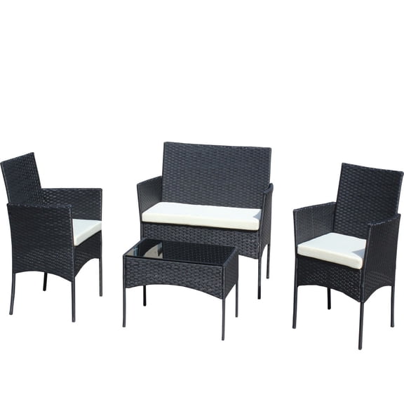 Gzxs 4 Pieces Patio Conversation Set, Outdoor Rattan Sectional Sofa Set with Beige Cushions and Glass Coffee Table, Wicker Sofas for Garden, Porch, Backyard (Black)