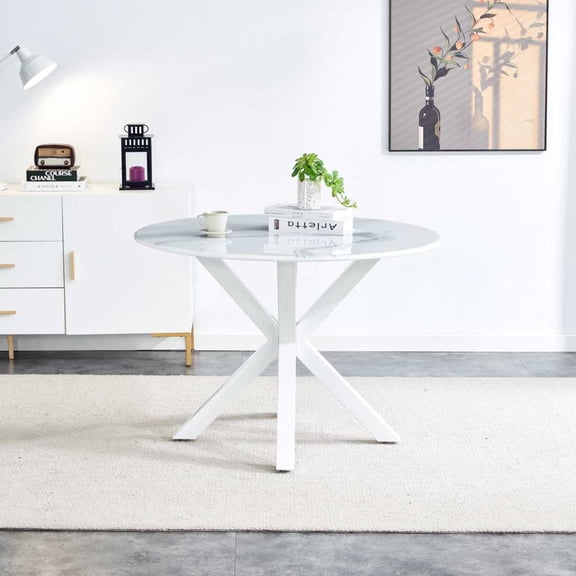 Gzxs 42" Faux White Marble Round Table for 4-6 Person, Mid Century Modern Circle Table for Dining Living Room, 42.12"L x 42.12"W x 28.74"H